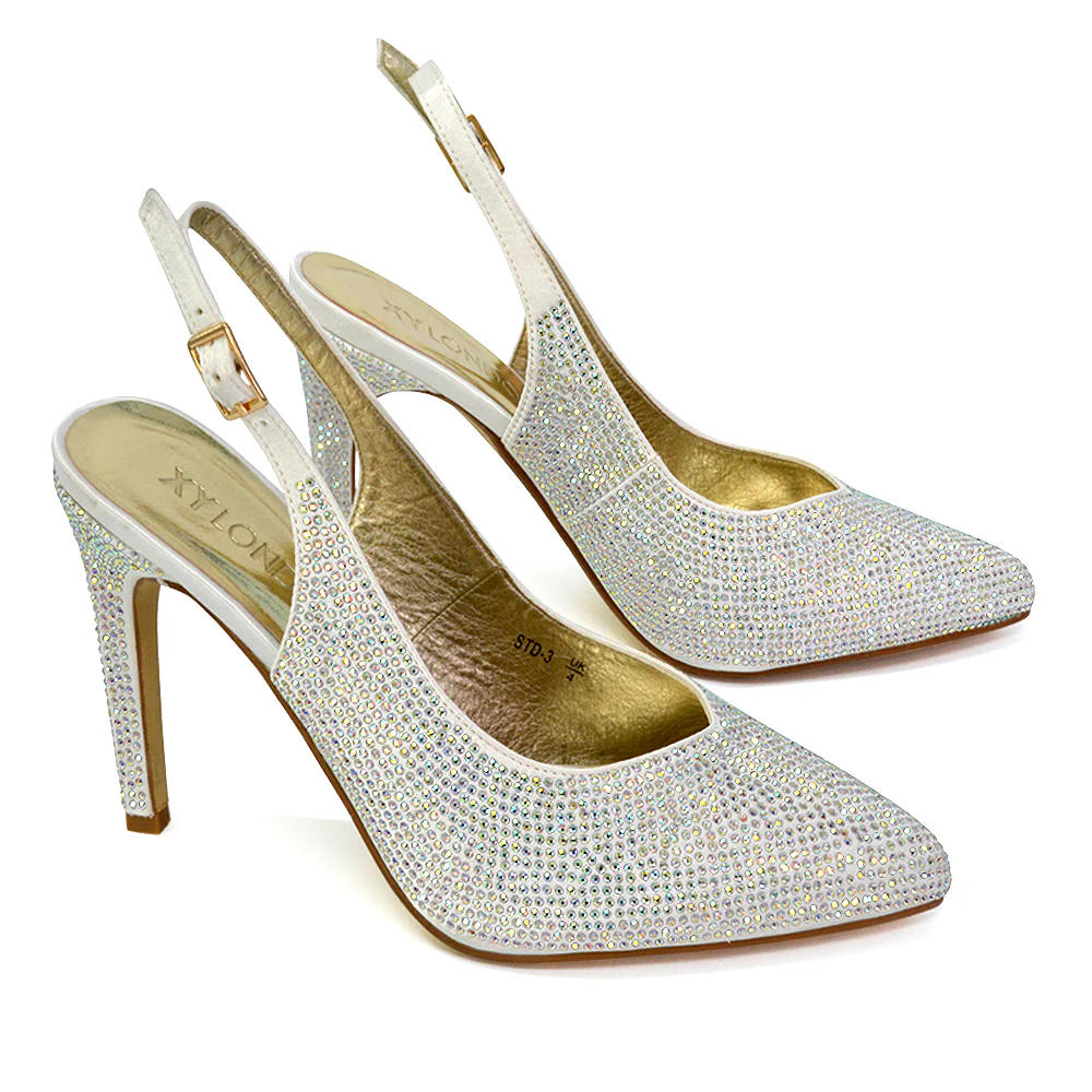 Divine Diamante Pointed Toe Slingback Bridal High Heel Stilettos in Ivory - Image 111