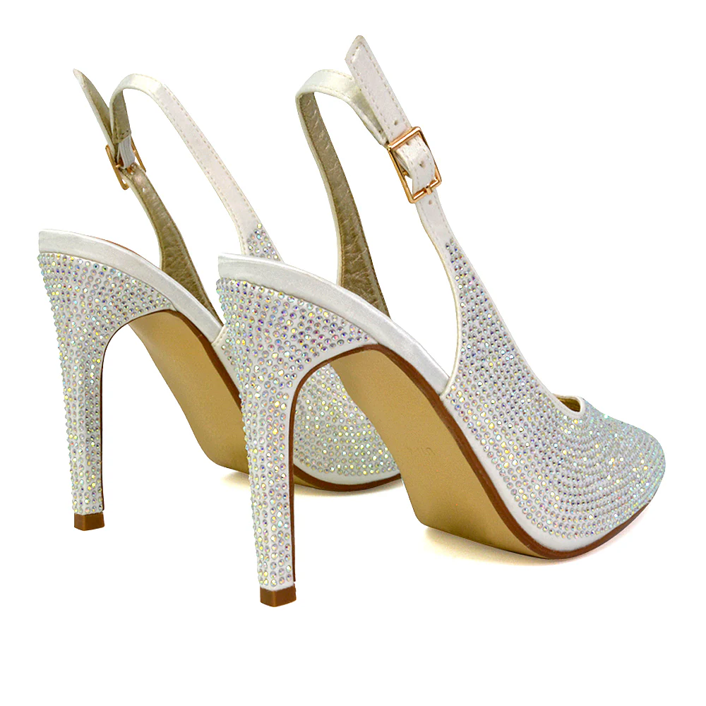 Divine Diamante Pointed Toe Slingback Bridal High Heel Stilettos in Ivory - Image 5
