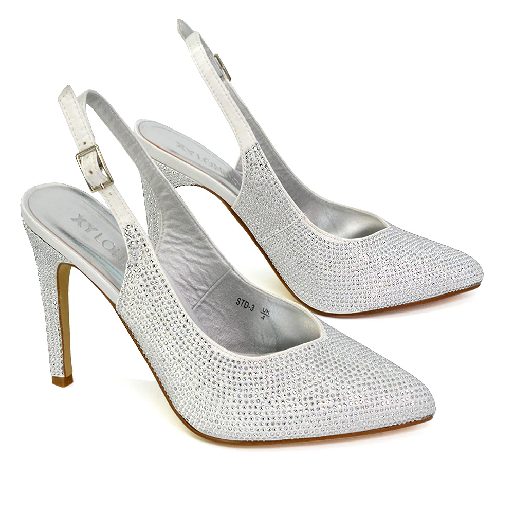 Divine Diamante Pointed Toe Slingback Bridal High Heel Stilettos in Ivory - Image 61