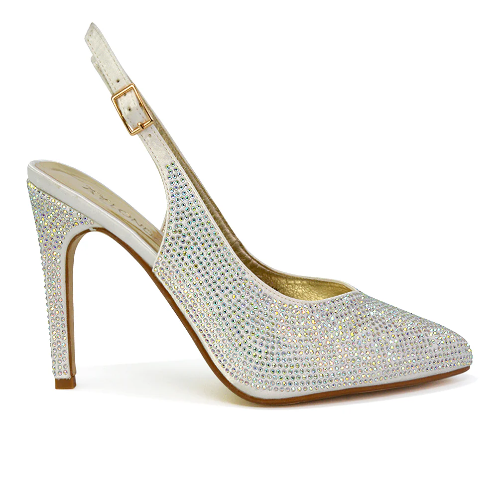 Divine Diamante Pointed Toe Slingback Bridal High Heel Stilettos in White - Image 100
