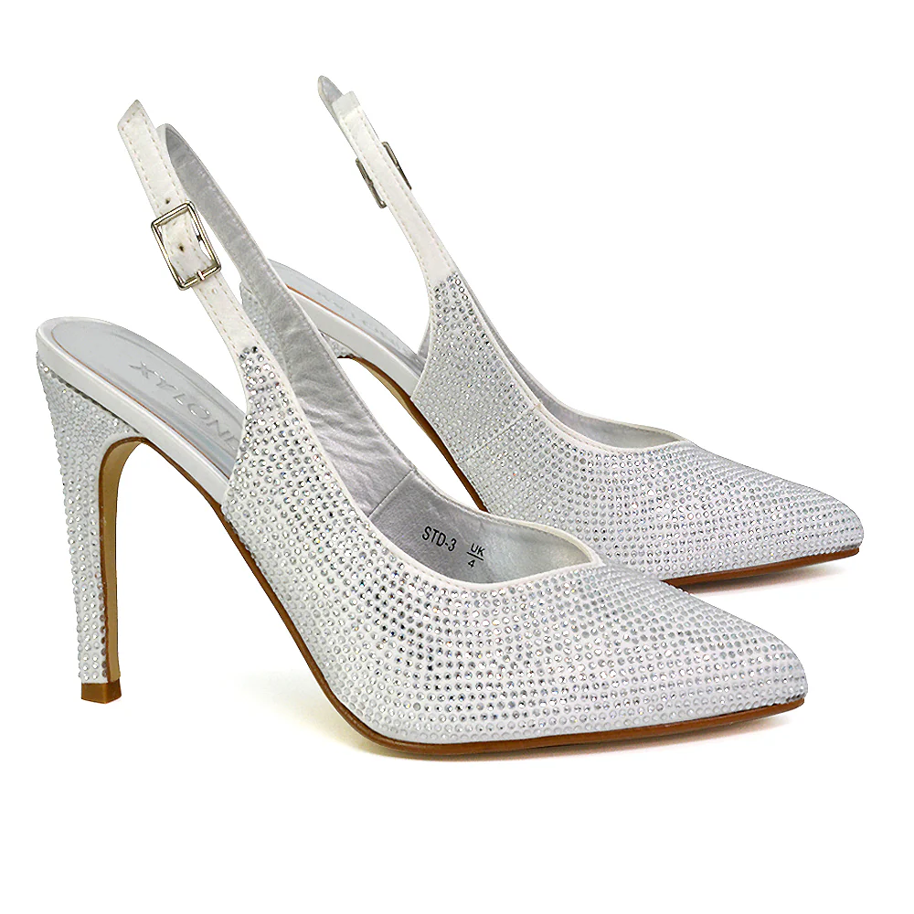 Divine Diamante Pointed Toe Slingback Bridal High Heel Stilettos in White - Image 44