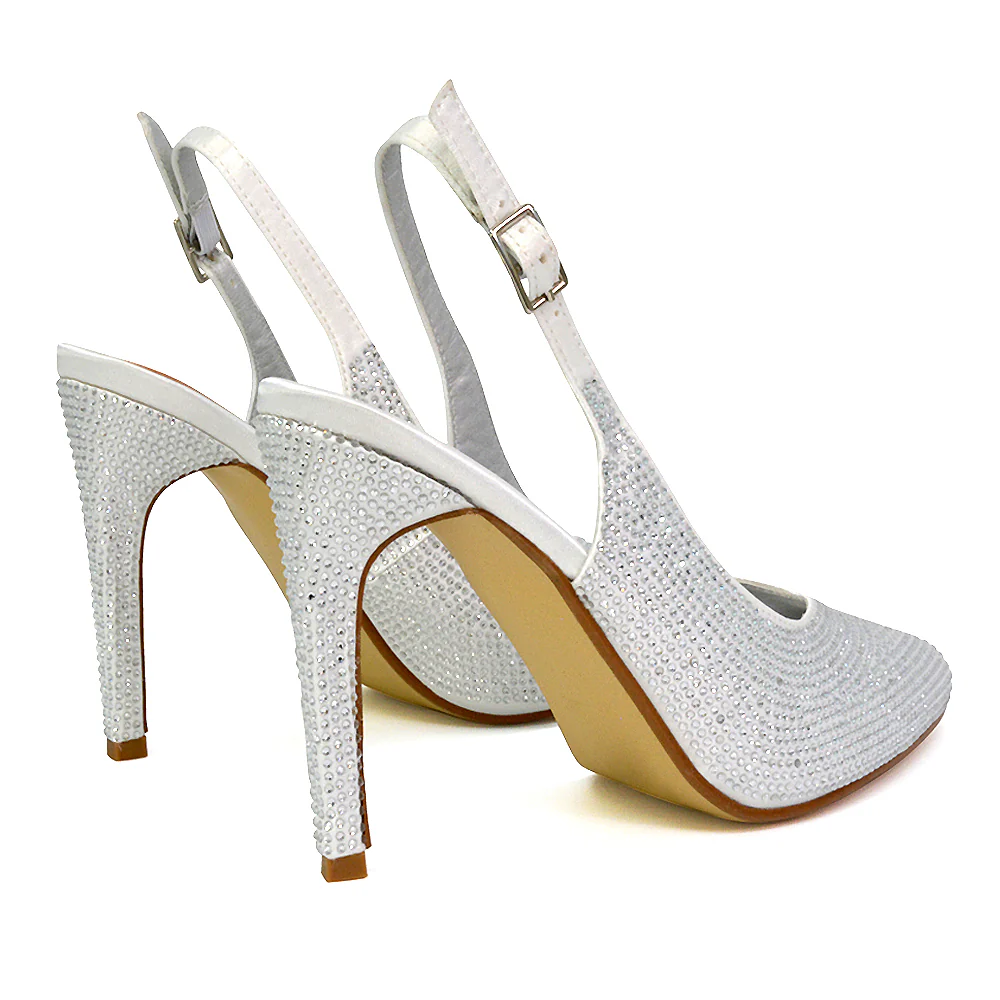 Divine Diamante Pointed Toe Slingback Bridal High Heel Stilettos in White - Image 55