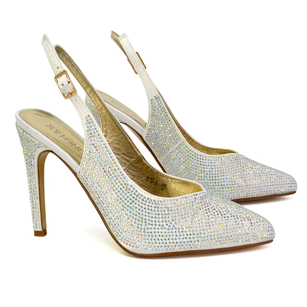 Divine Diamante Pointed Toe Slingback Bridal High Heel Stilettos in White - Image 99