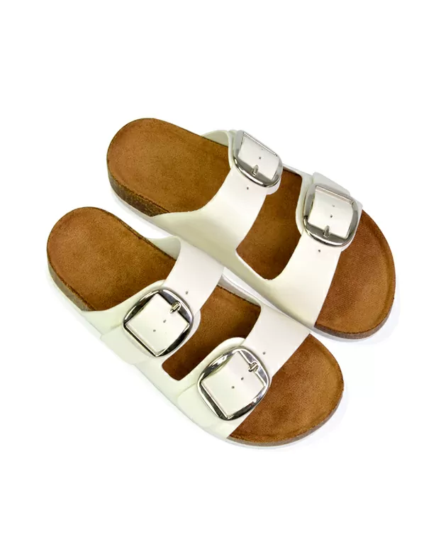 Dolly Slip On Sliders Statement Double Buckle Up Flat Sandals in Black - Image 6