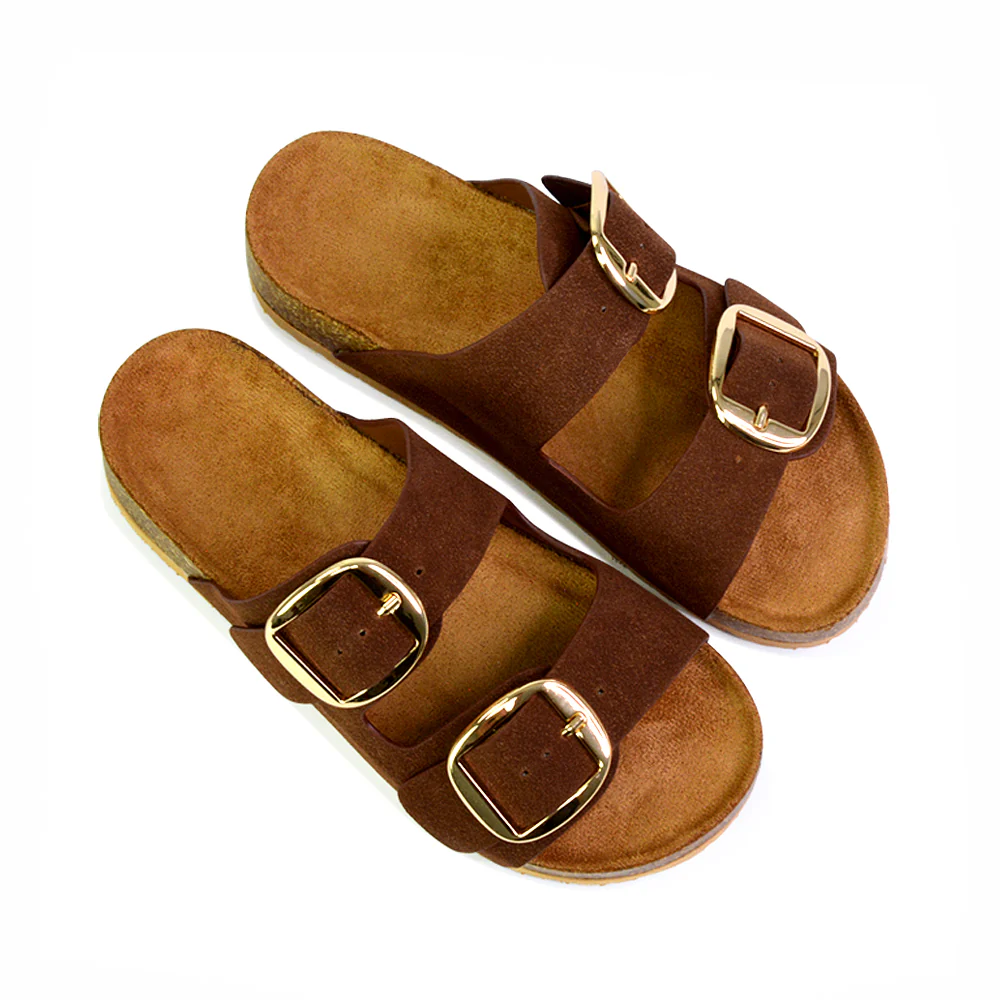Dolly Slip On Sliders Statement Double Buckle Up Flat Sandals in Black - Image 94