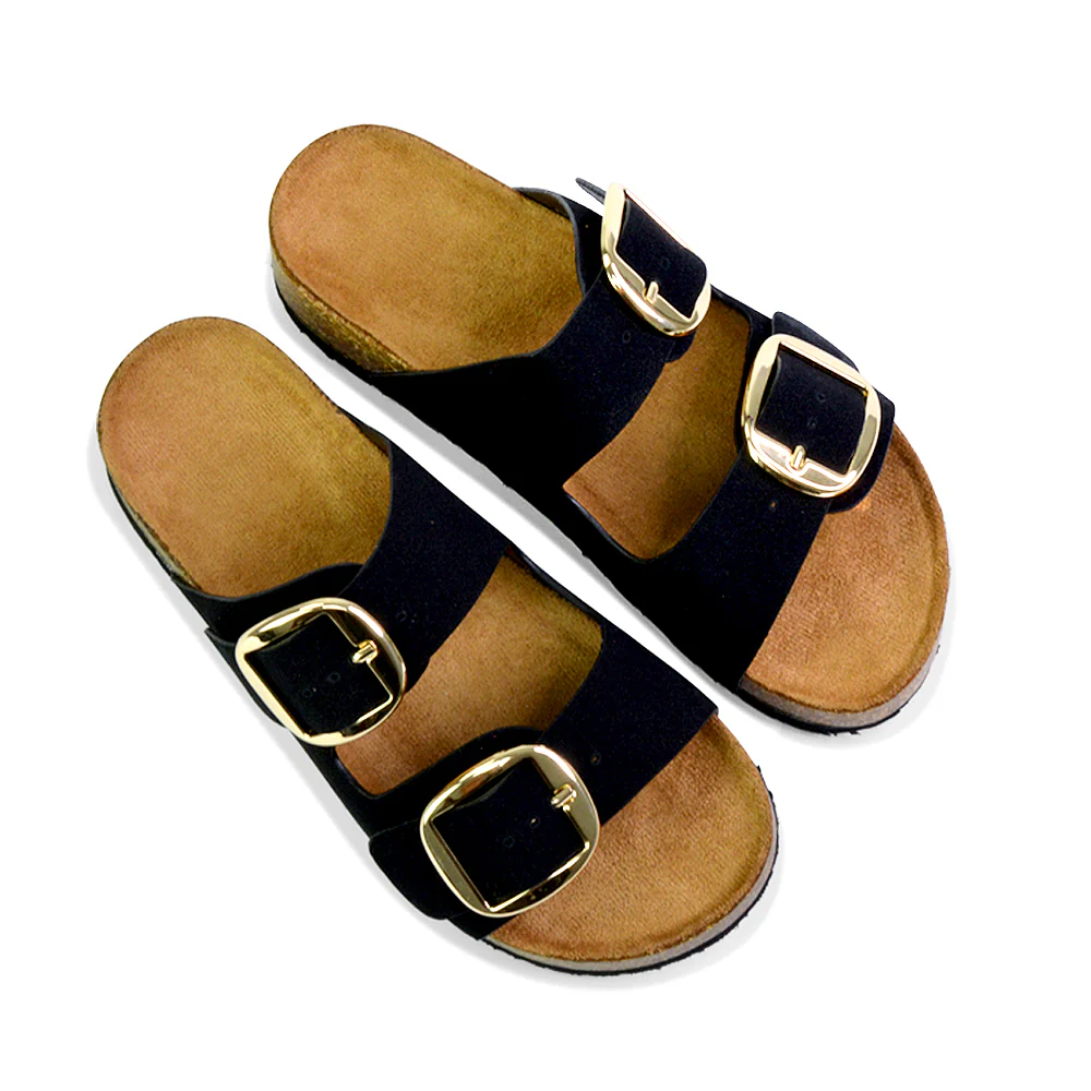 Dolly Slip On Sliders Statement Double Buckle Up Flat Sandals in Brown - Image 139