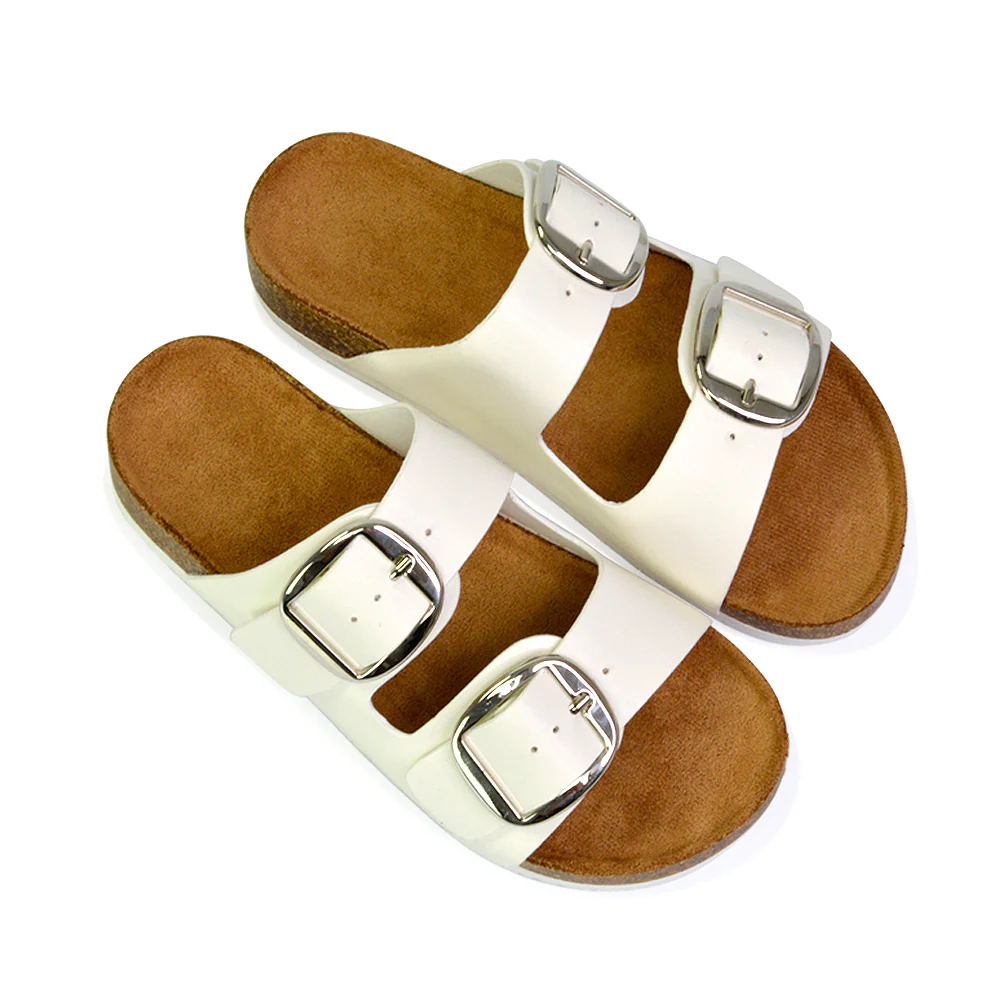 Dolly Slip On Sliders Statement Double Buckle Up Flat Sandals in Brown - Image 37