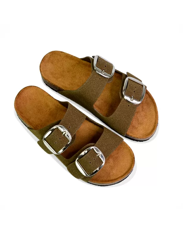 Dolly Slip On Sliders Statement Double Buckle Up Flat Sandals in Khaki - Image 6