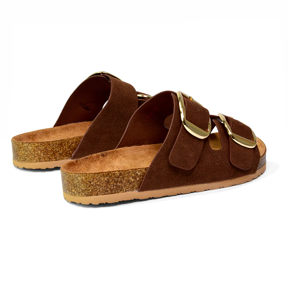 Dolly Slip On Sliders Statement Double Buckle Up Flat Sandals in Khaki - Image 75