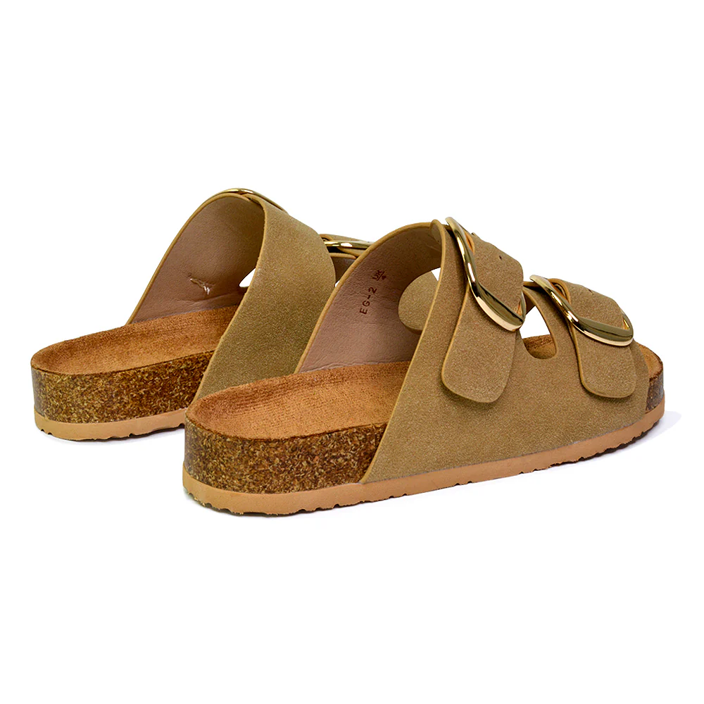 Dolly Slip On Sliders Statement Double Buckle Up Flat Sandals in Taupe - Image 102