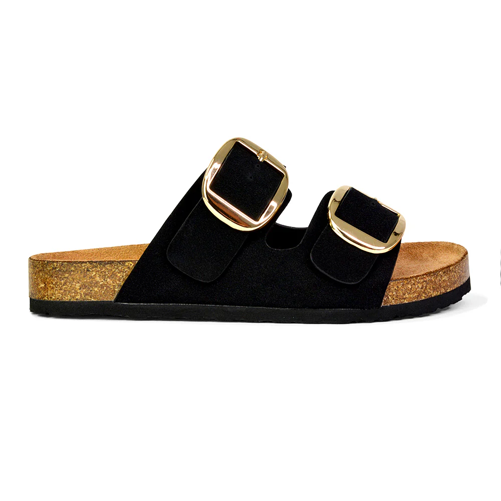 Dolly Slip On Sliders Statement Double Buckle Up Flat Sandals in Taupe - Image 125