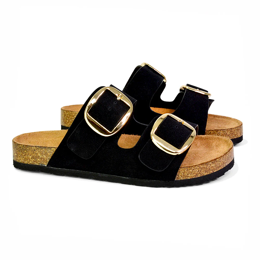 Dolly Slip On Sliders Statement Double Buckle Up Flat Sandals in Taupe - Image 135