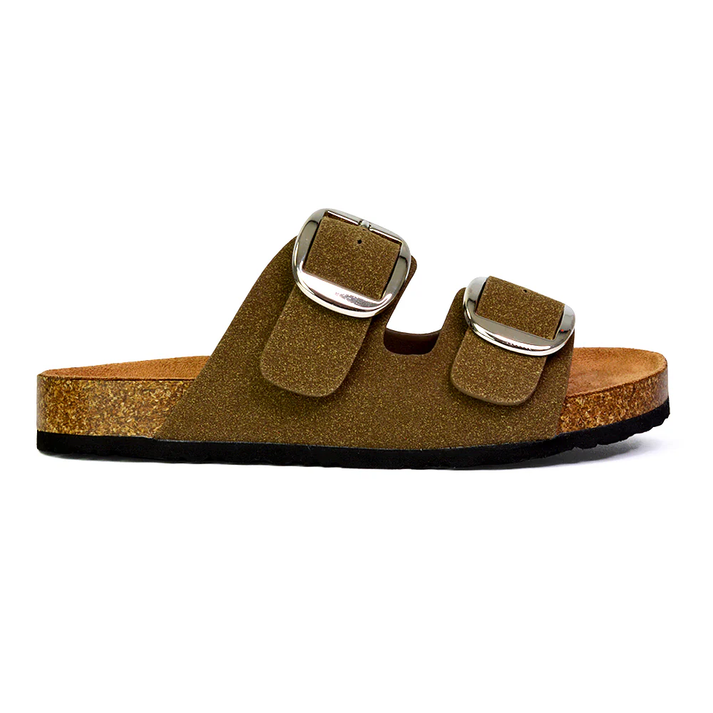 Dolly Slip On Sliders Statement Double Buckle Up Flat Sandals in Taupe - Image 14