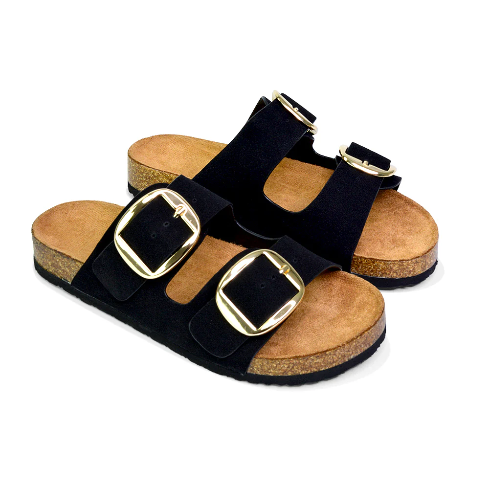 Dolly Slip On Sliders Statement Double Buckle Up Flat Sandals in Taupe - Image 147