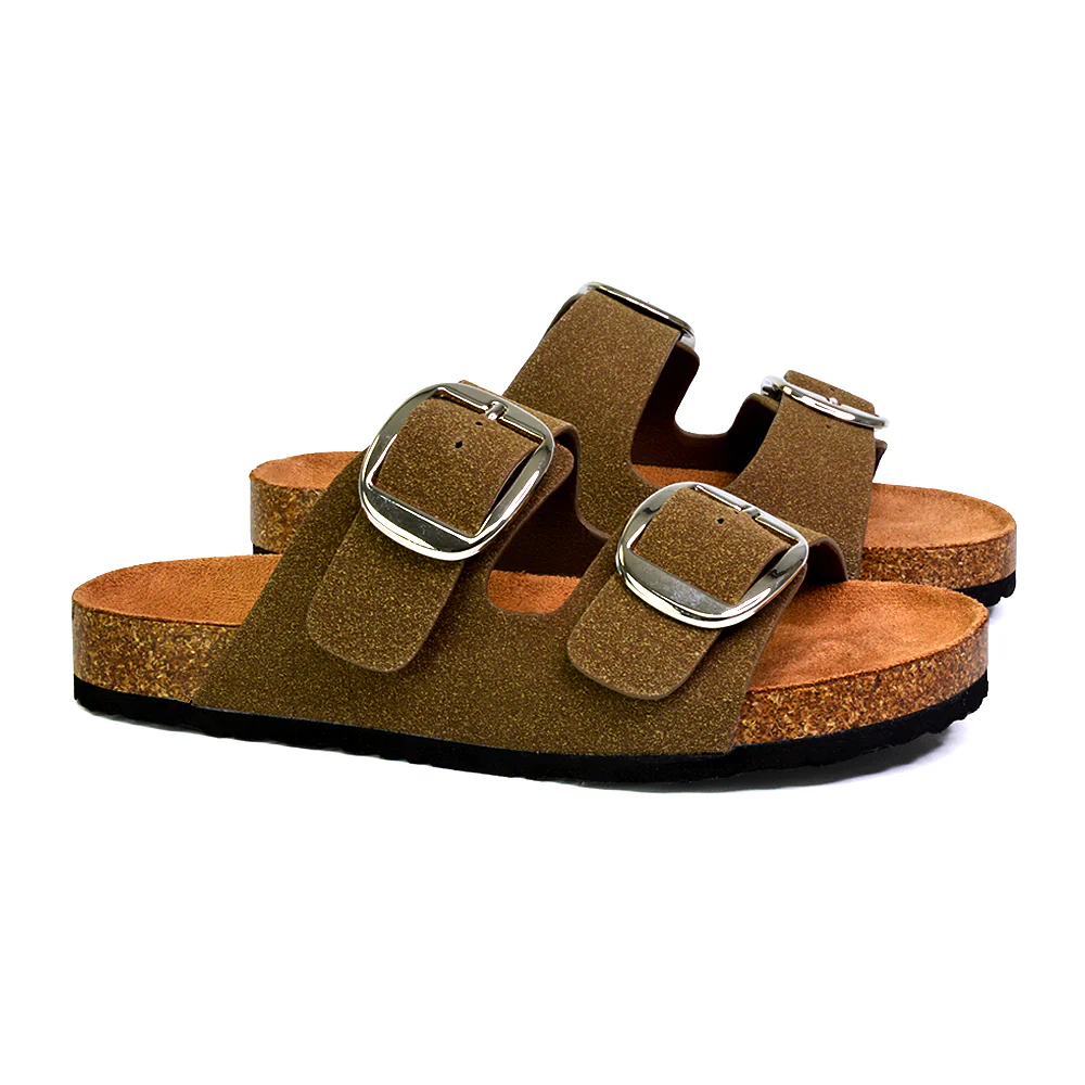 Dolly Slip On Sliders Statement Double Buckle Up Flat Sandals in Taupe - Image 15