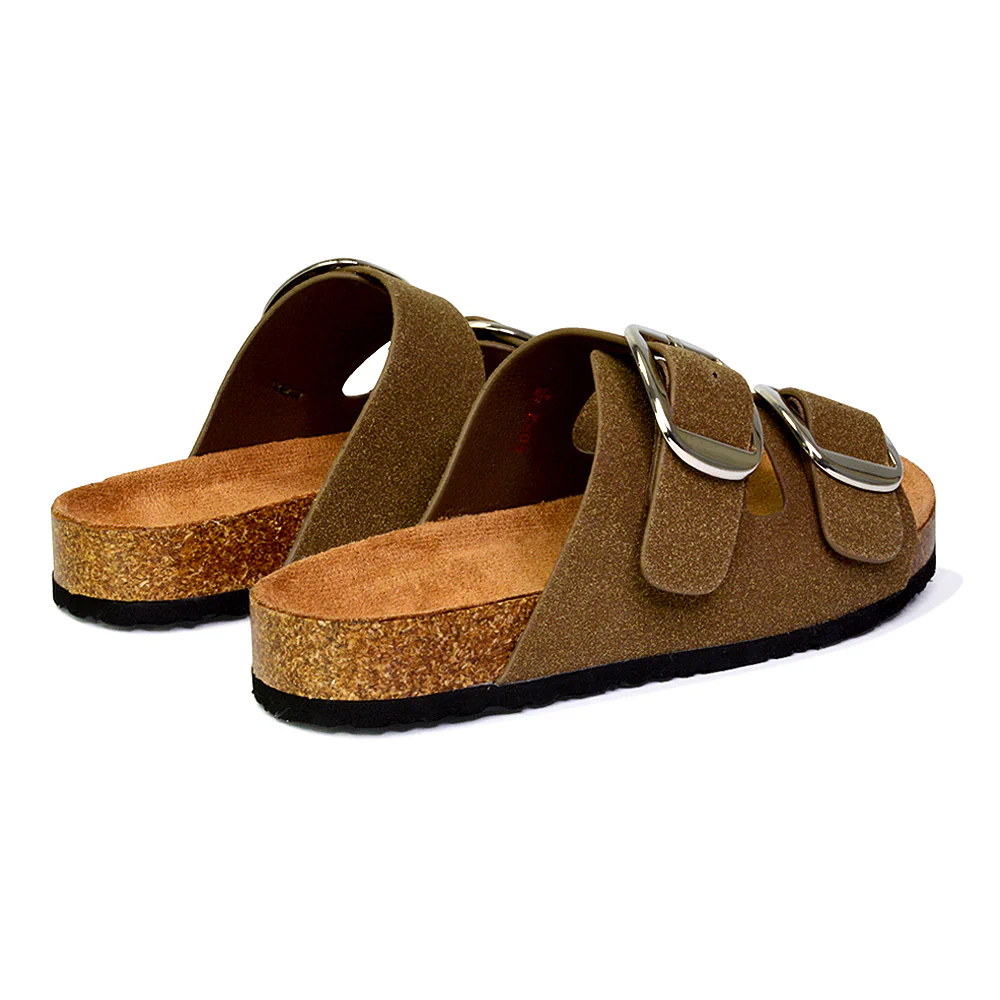 Dolly Slip On Sliders Statement Double Buckle Up Flat Sandals in Taupe - Image 21