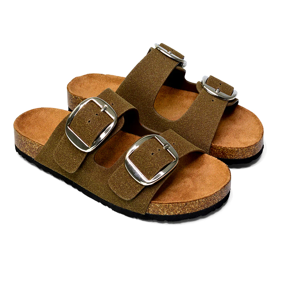 Dolly Slip On Sliders Statement Double Buckle Up Flat Sandals in Taupe - Image 31