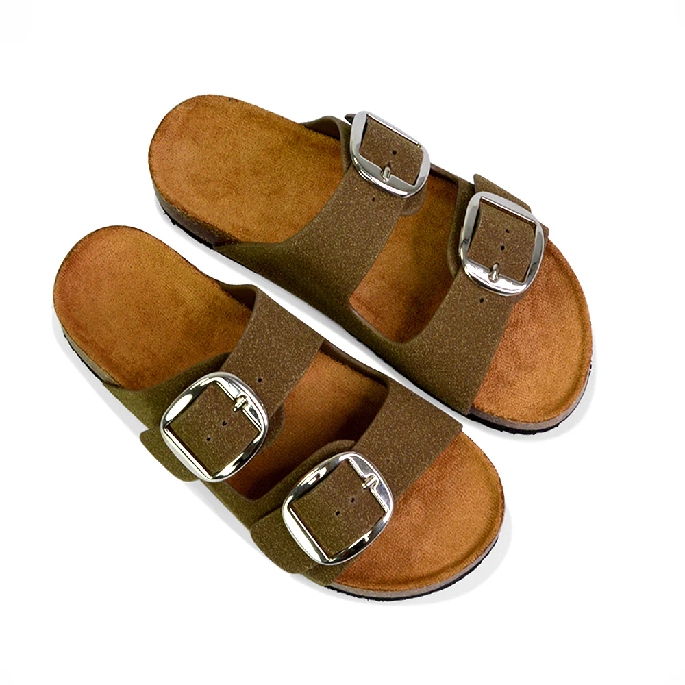 Dolly Slip On Sliders Statement Double Buckle Up Flat Sandals in Taupe - Image 32
