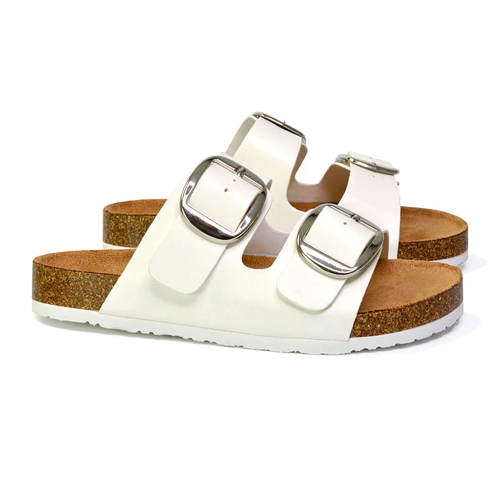 Dolly Slip On Sliders Statement Double Buckle Up Flat Sandals in Taupe - Image 39