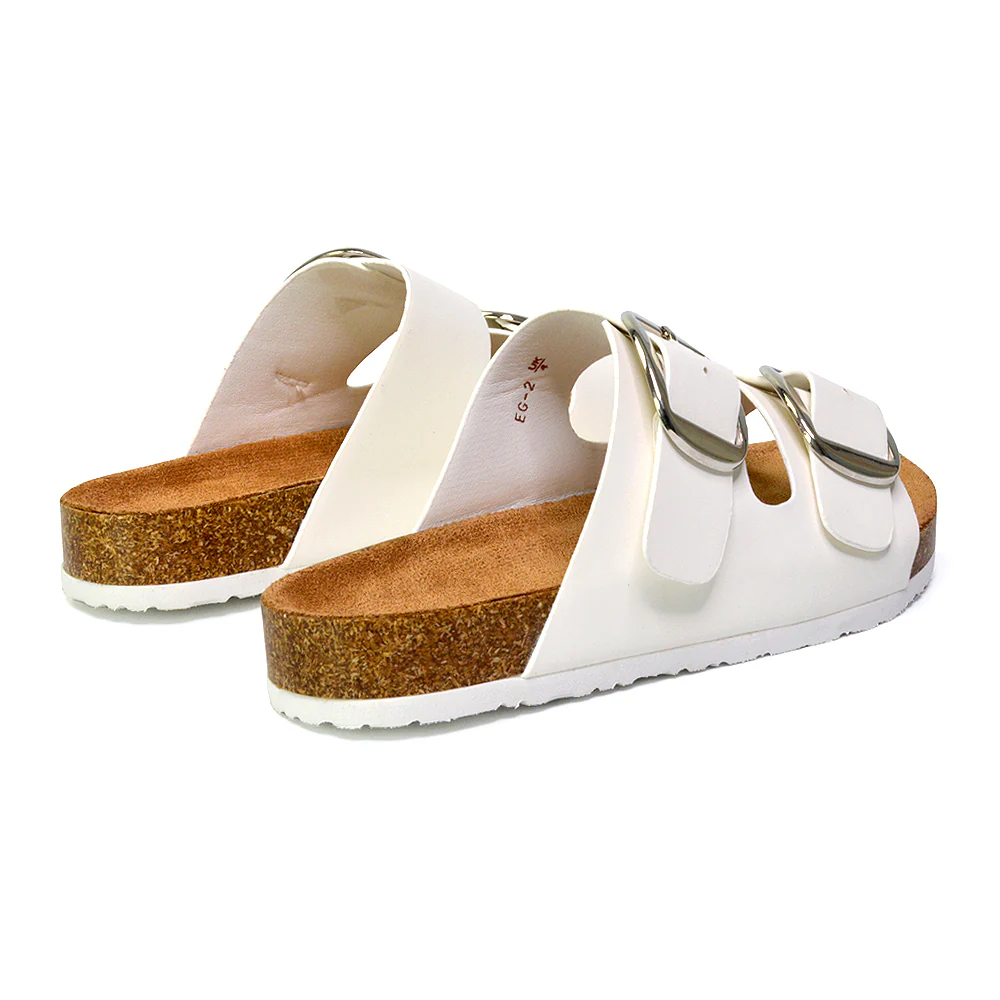 Dolly Slip On Sliders Statement Double Buckle Up Flat Sandals in Taupe - Image 40