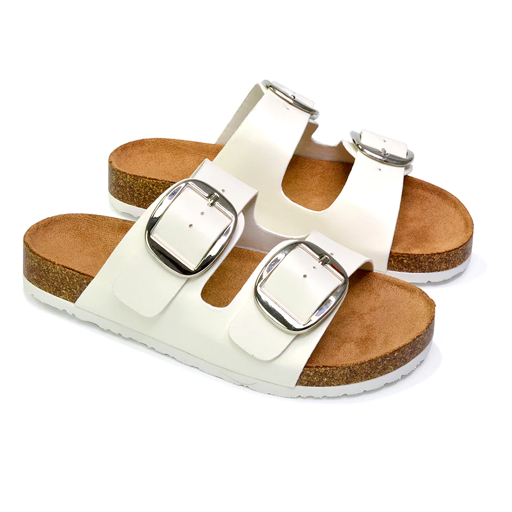 Dolly Slip On Sliders Statement Double Buckle Up Flat Sandals in Taupe - Image 41