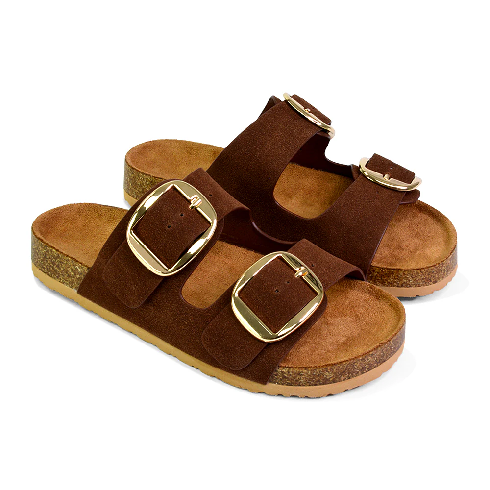 Dolly Slip On Sliders Statement Double Buckle Up Flat Sandals in Taupe - Image 75