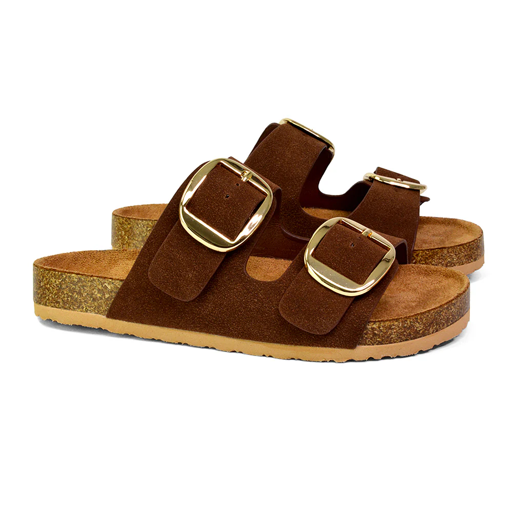 Dolly Slip On Sliders Statement Double Buckle Up Flat Sandals in Taupe - Image 87
