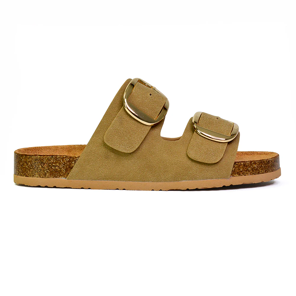 Dolly Slip On Sliders Statement Double Buckle Up Flat Sandals in Taupe - Image 96