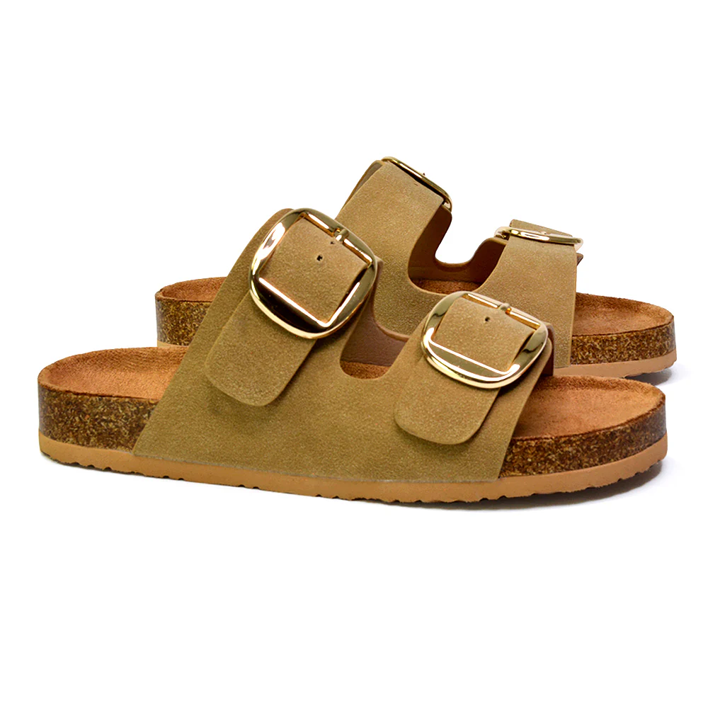 Dolly Slip On Sliders Statement Double Buckle Up Flat Sandals in Taupe - Image 97