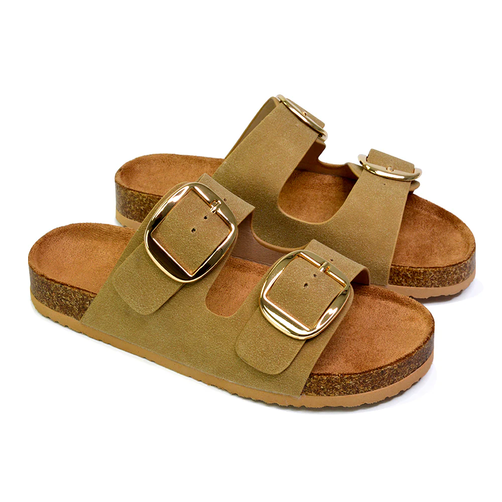 Dolly Slip On Sliders Statement Double Buckle Up Flat Sandals in White - Image 102