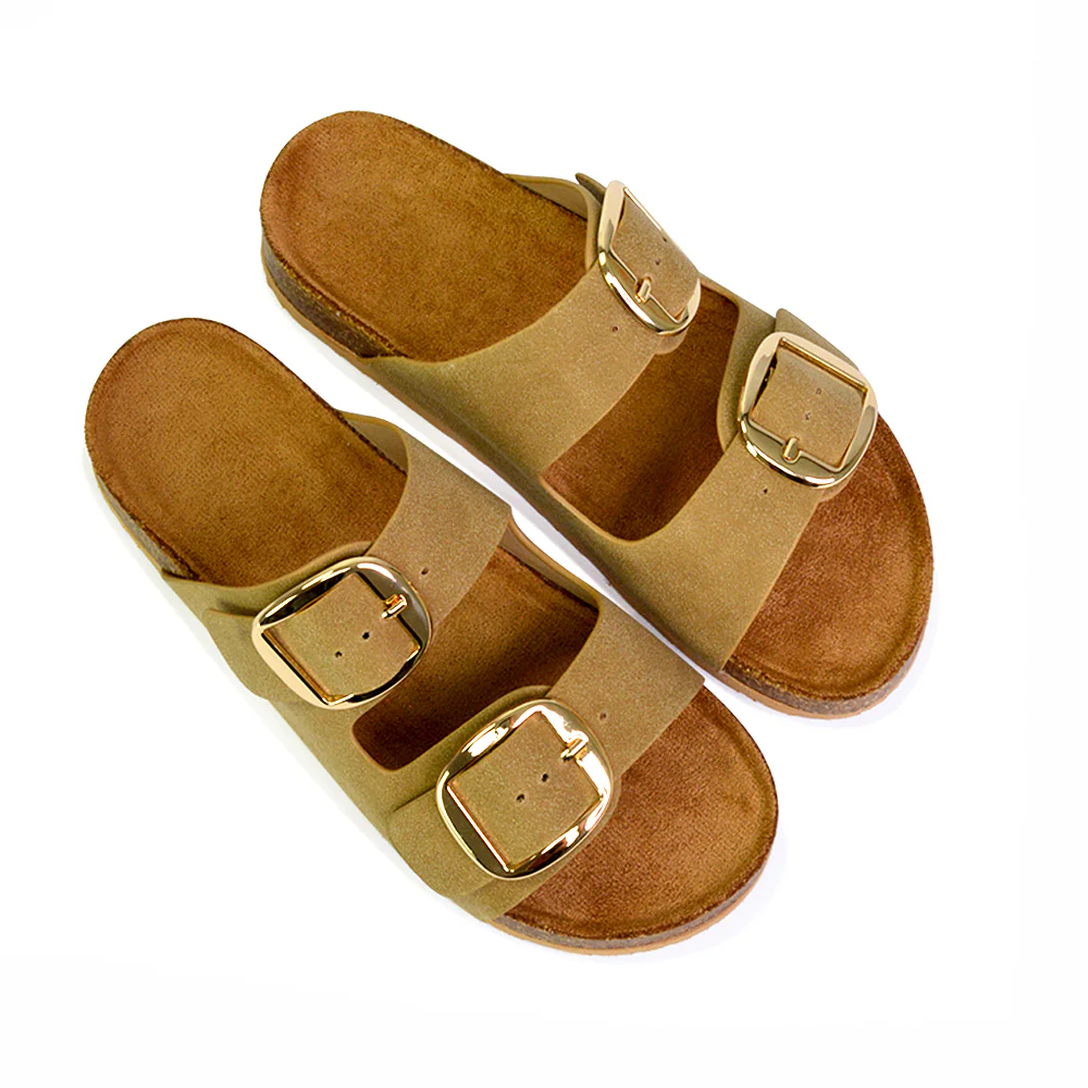 Dolly Slip On Sliders Statement Double Buckle Up Flat Sandals in White - Image 123