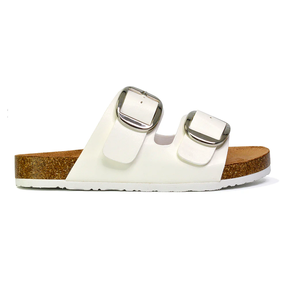 Dolly Slip On Sliders Statement Double Buckle Up Flat Sandals in White - Image 60