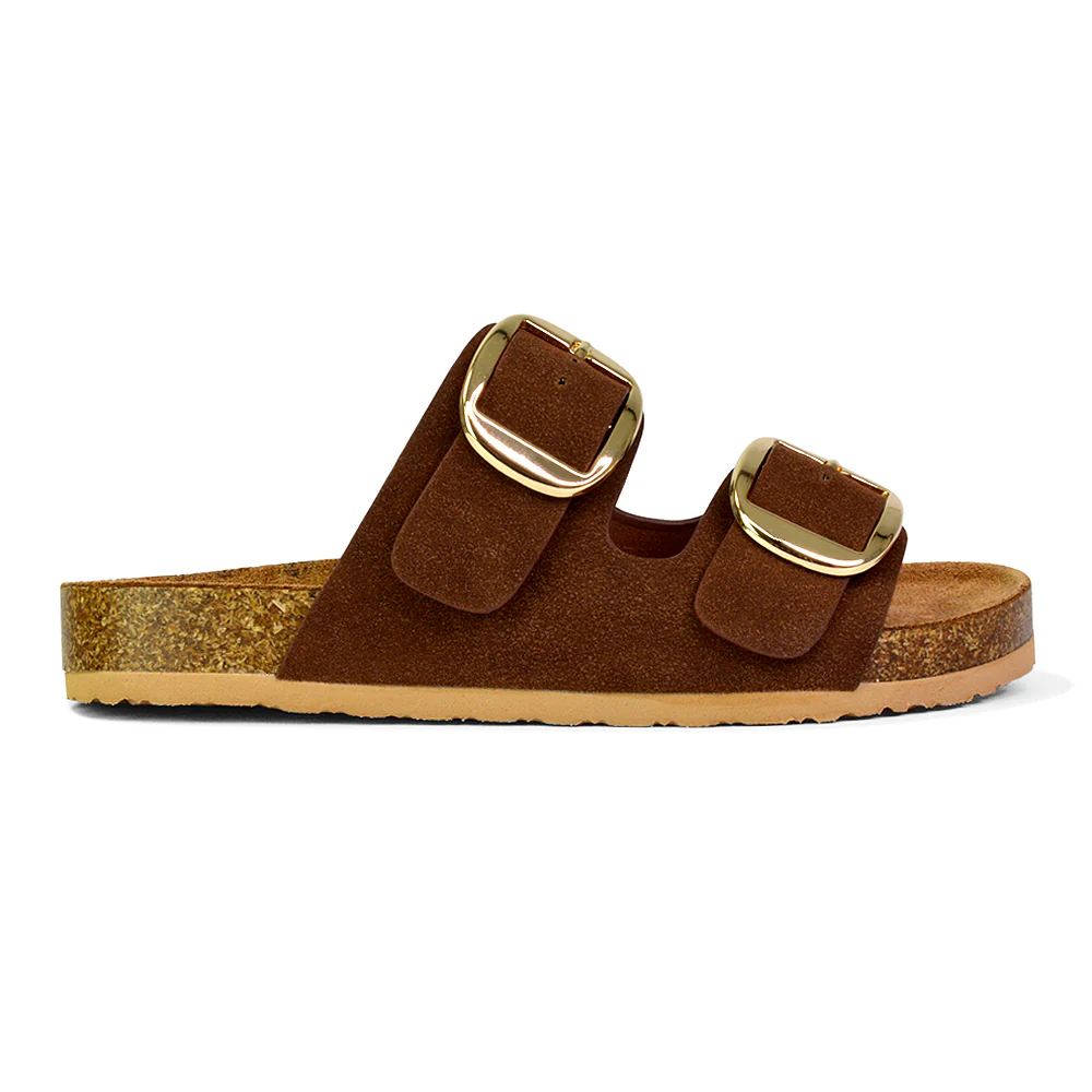 Dolly Slip On Sliders Statement Double Buckle Up Flat Sandals in White - Image 94