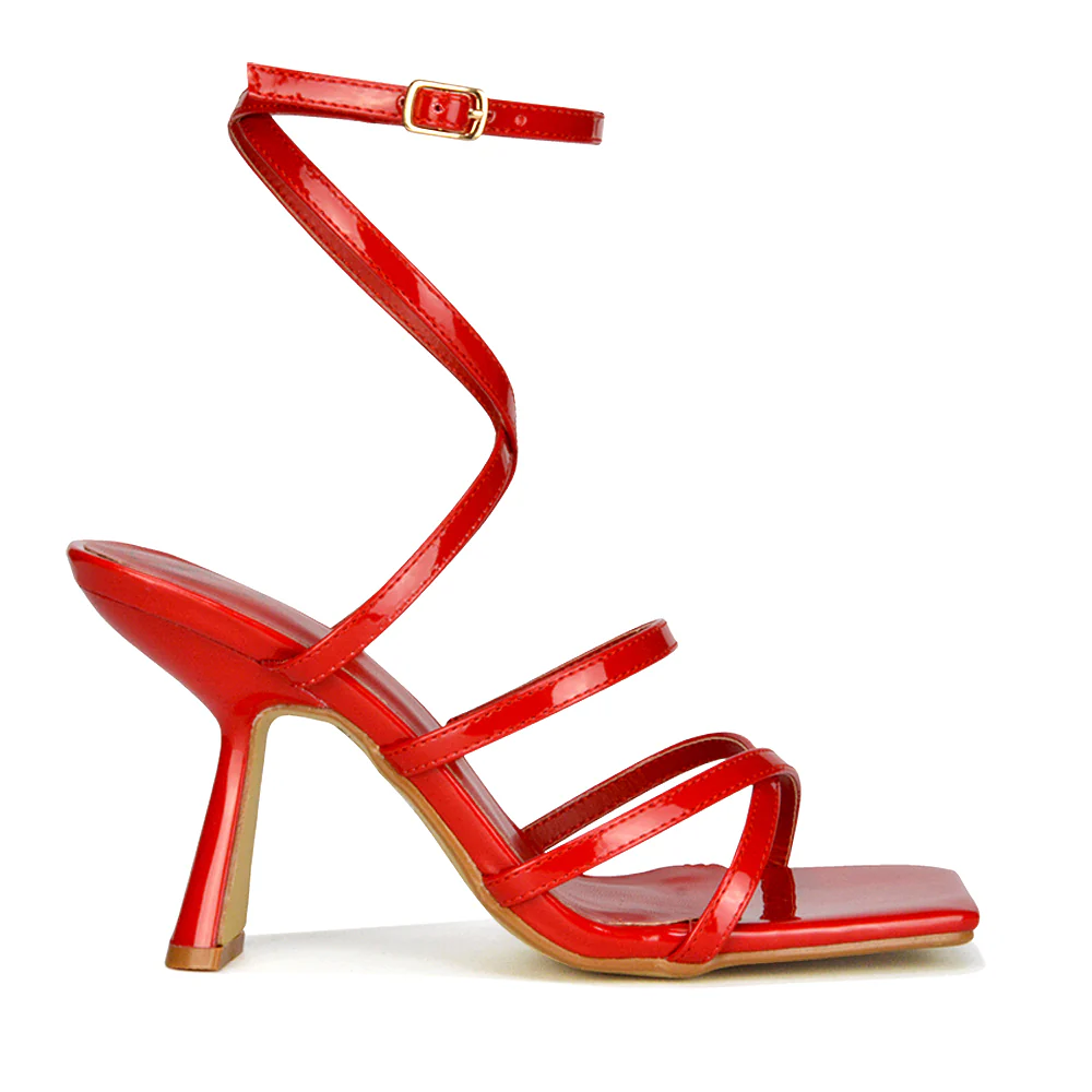 Donna Strappy Ankle Square Toe Party Thin Block High Heel Sandals in Black Patent - Image 10