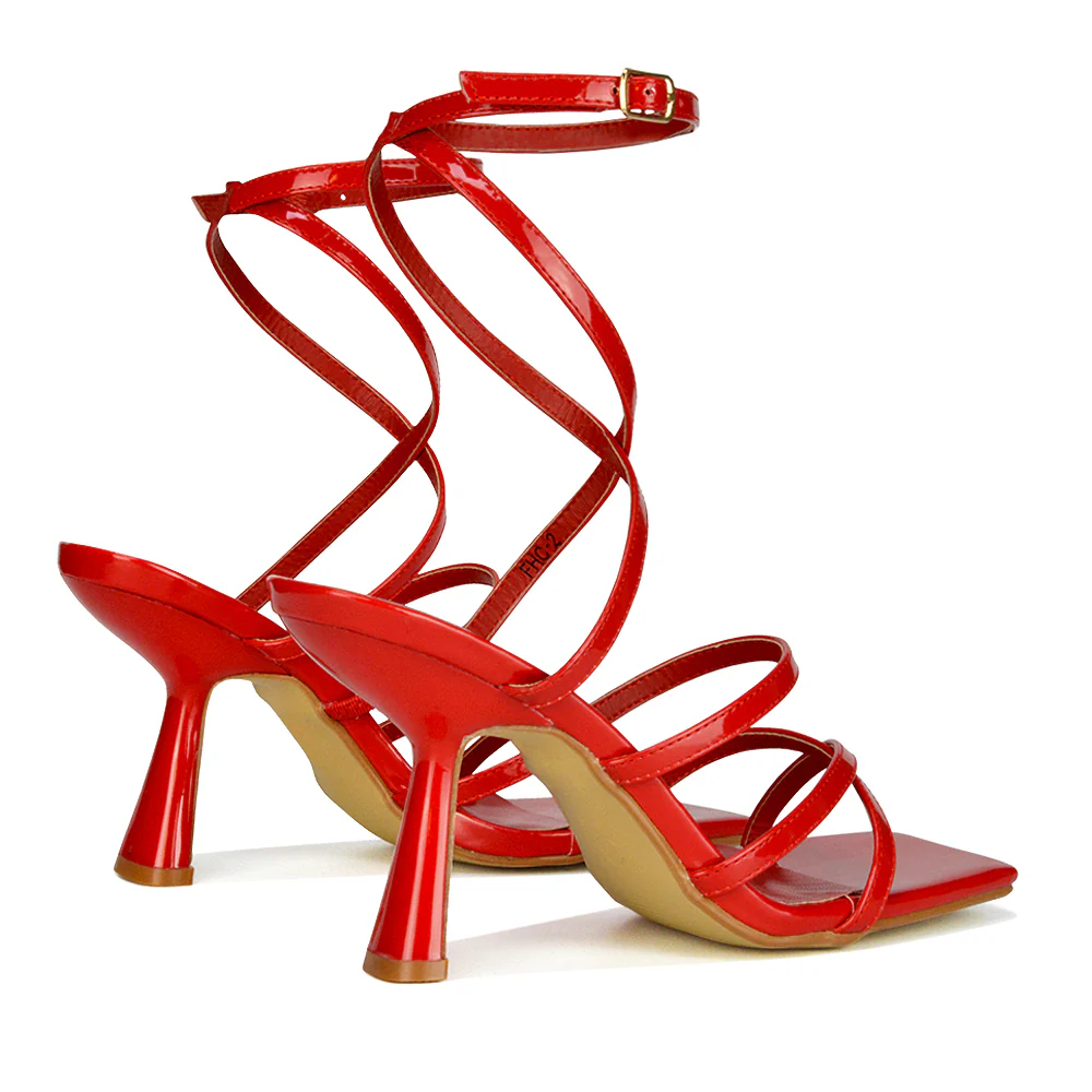Donna Strappy Ankle Square Toe Party Thin Block High Heel Sandals in Black Patent - Image 28