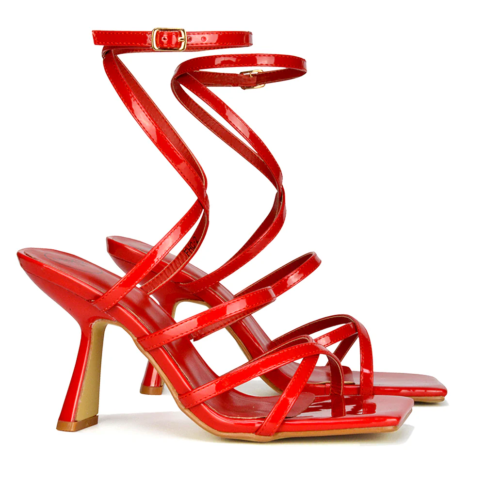 Donna Strappy Ankle Square Toe Party Thin Block High Heel Sandals in Brown Patent - Image 19