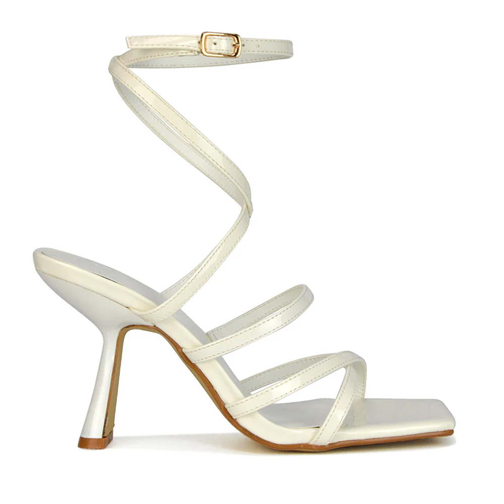 Donna Strappy Ankle Square Toe Party Thin Block High Heel Sandals in Brown Patent - Image 46