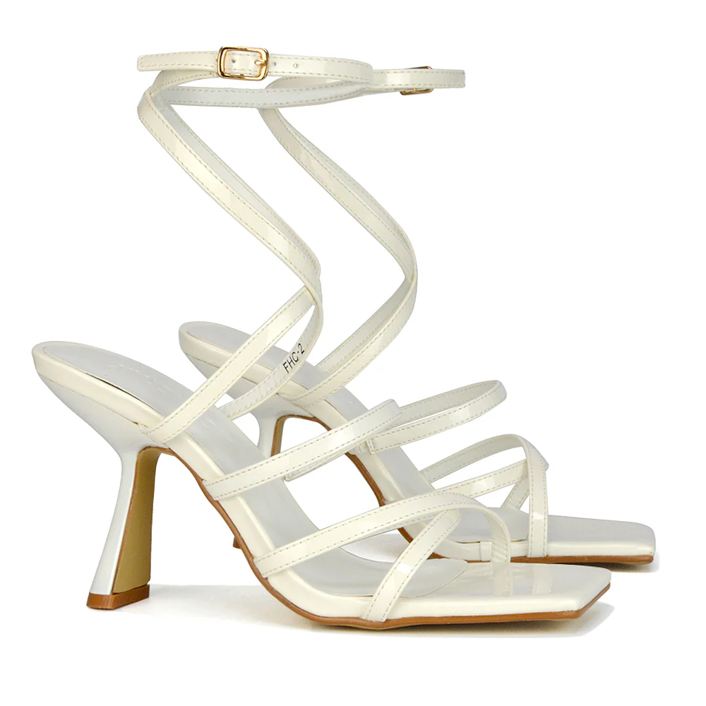 Donna Strappy Ankle Square Toe Party Thin Block High Heel Sandals in Brown Patent - Image 47