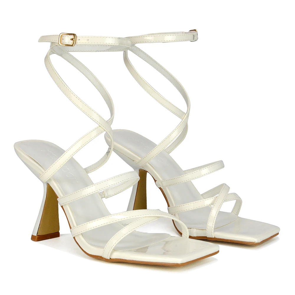 Donna Strappy Ankle Square Toe Party Thin Block High Heel Sandals in Brown Patent - Image 49