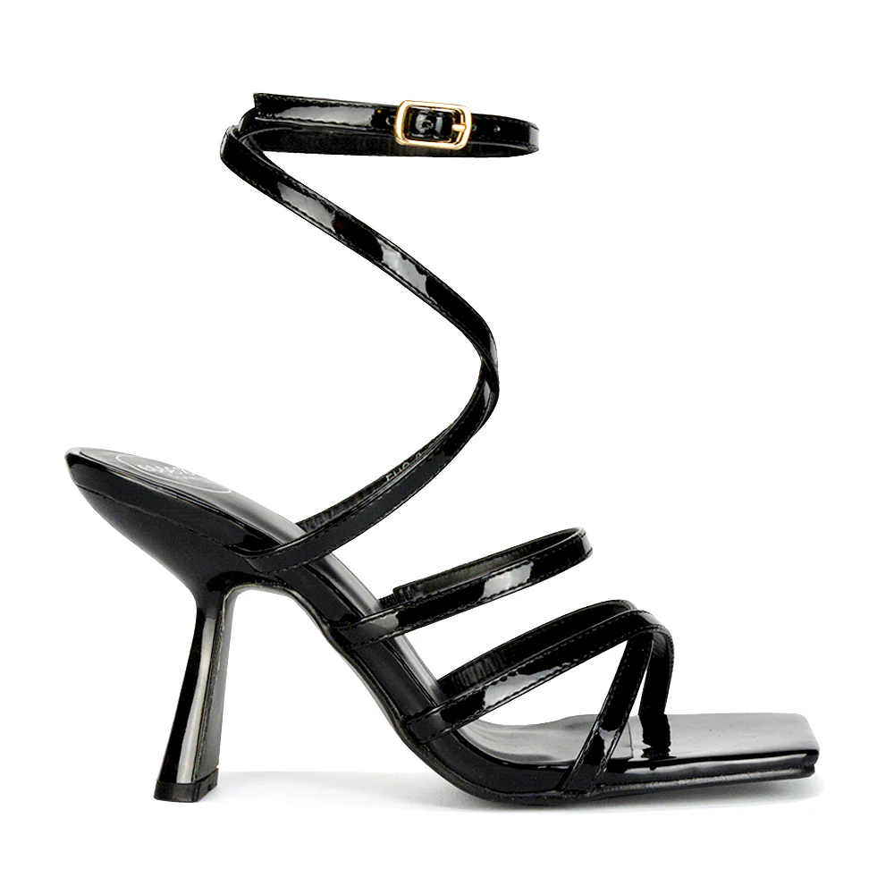 Donna Strappy Ankle Square Toe Party Thin Block High Heel Sandals in Brown Patent - Image 98