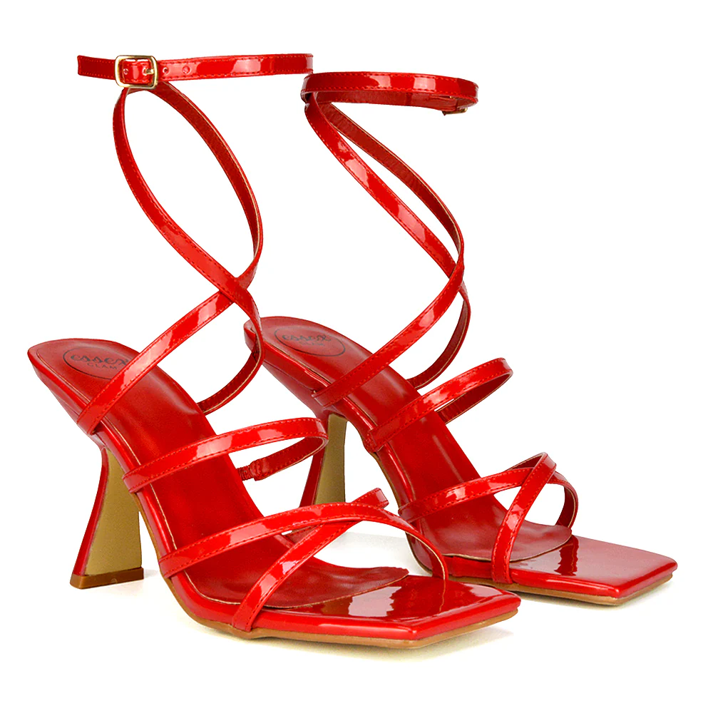 Donna Strappy Ankle Square Toe Party Thin Block High Heel Sandals in Red Patent - Image 5