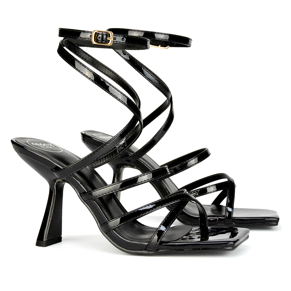 Donna Strappy Ankle Square Toe Party Thin Block High Heel Sandals in Red Patent - Image 95