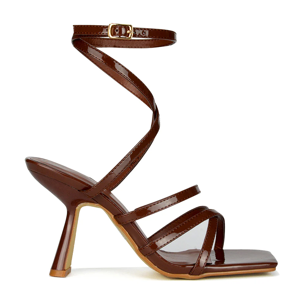 Donna Strappy Ankle Square Toe Party Thin Block High Heel Sandals in White Patent - Image 66