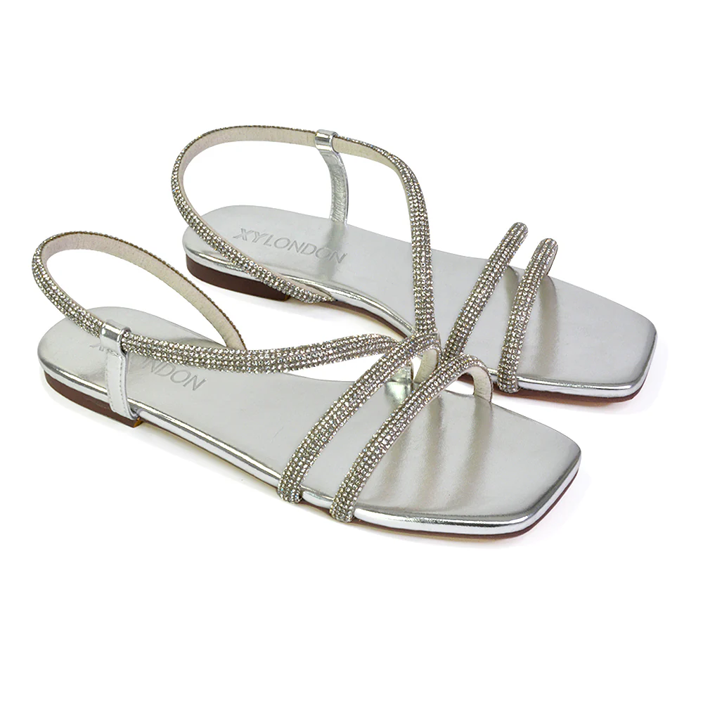 Dove Sparkly Low Heel Square Toe Strappy Diamante Flat Sandals in Black - Image 34