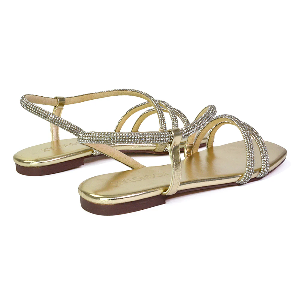 Dove Sparkly Low Heel Square Toe Strappy Diamante Flat Sandals in Black - Image 40