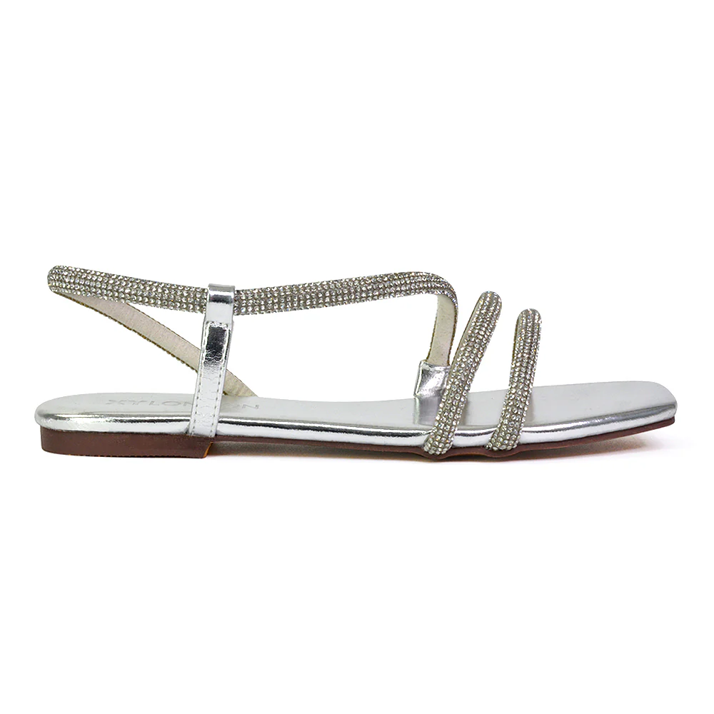 Dove Sparkly Low Heel Square Toe Strappy Diamante Flat Sandals in Gold - Image 13