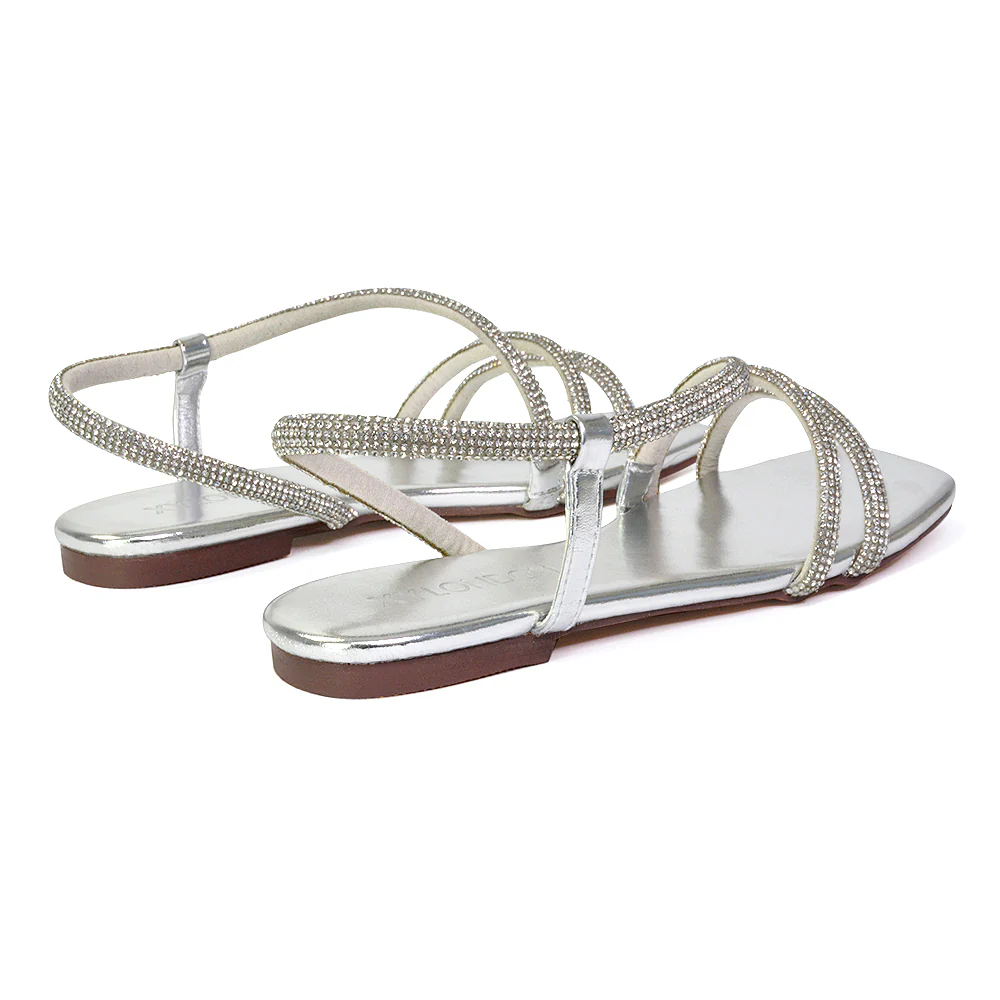 Dove Sparkly Low Heel Square Toe Strappy Diamante Flat Sandals in Gold - Image 34