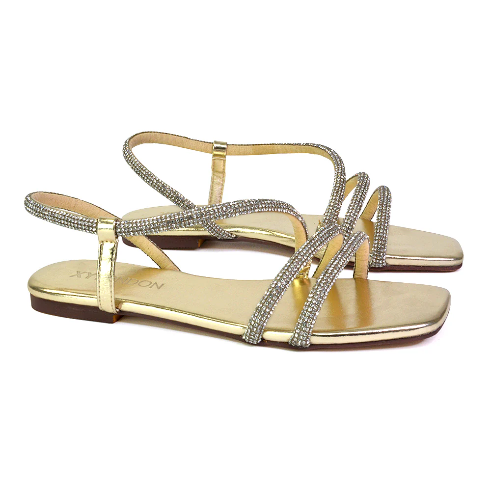 Dove Sparkly Low Heel Square Toe Strappy Diamante Flat Sandals in Gold - Image 45