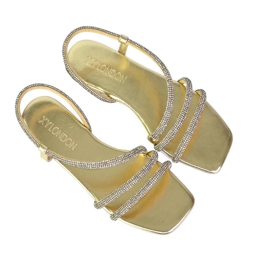 Dove Sparkly Low Heel Square Toe Strappy Diamante Flat Sandals in Gold - Image 51