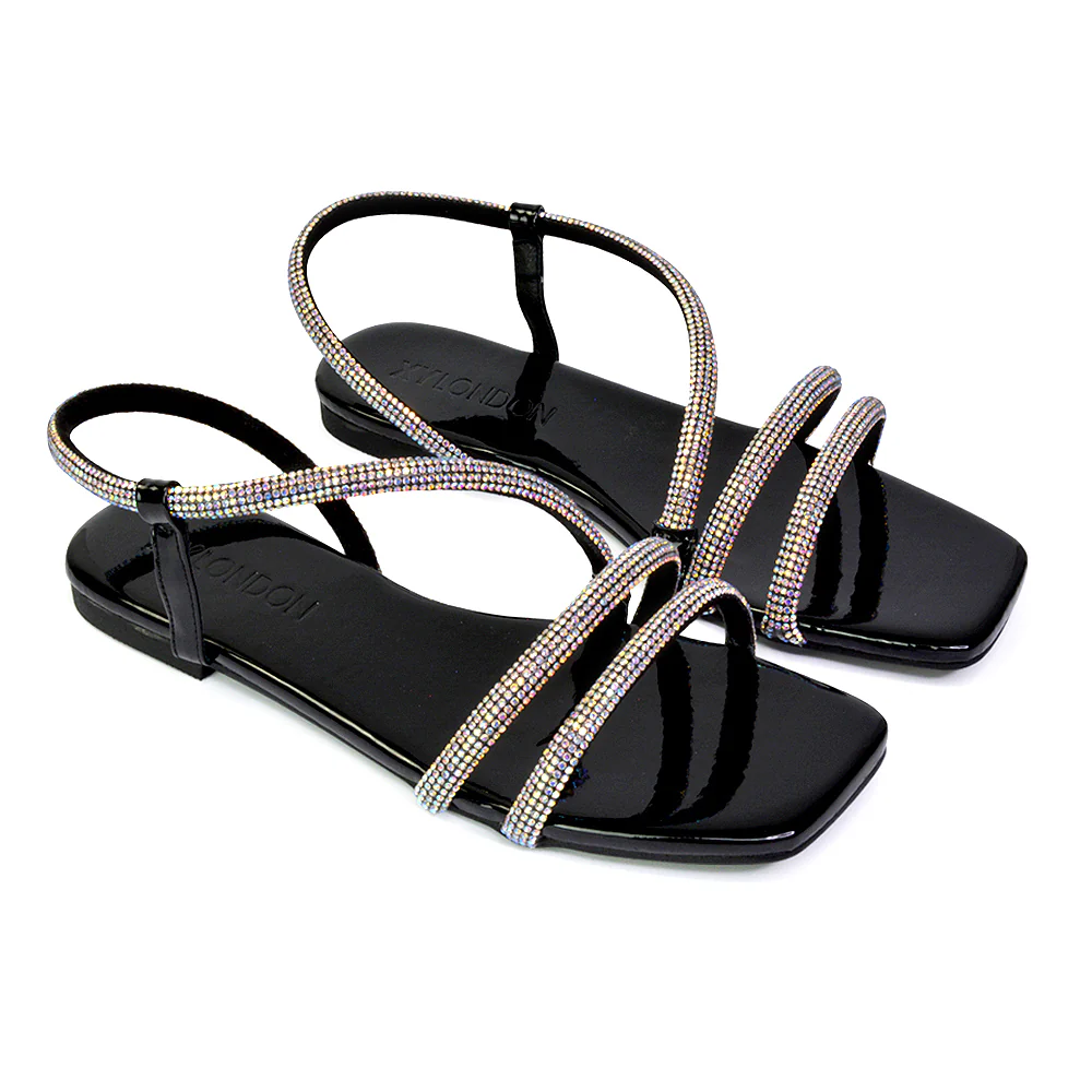 Dove Sparkly Low Heel Square Toe Strappy Diamante Flat Sandals in Gold - Image 77